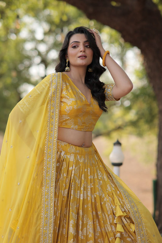 Yellow Pure Viscose Jacquard with Embroidered Sequins work Lehenga Choli