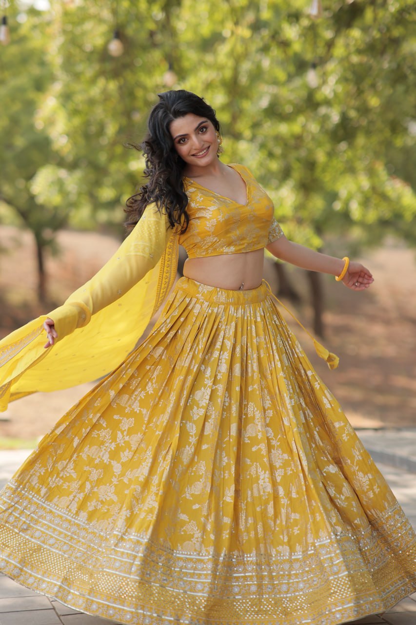 Yellow Pure Viscose Jacquard with Embroidered Sequins work Lehenga Choli