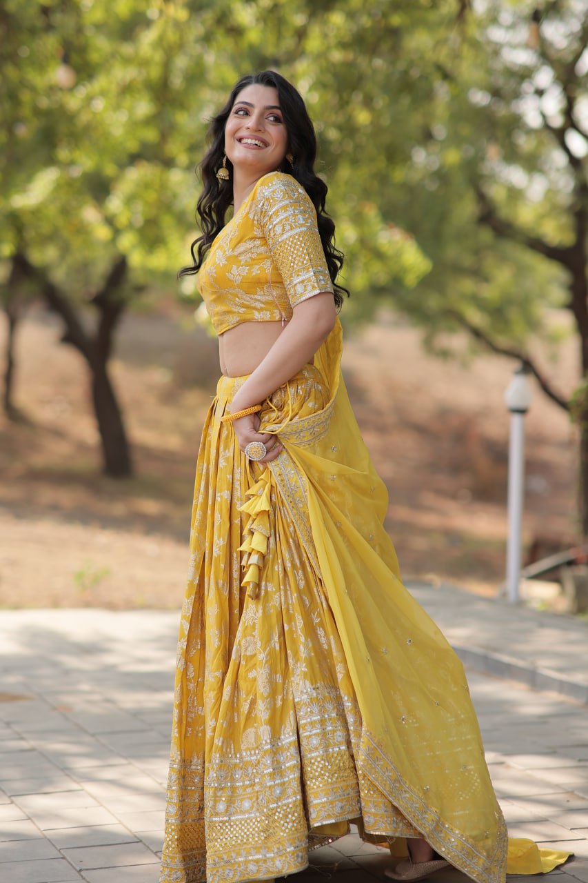 Yellow Pure Viscose Jacquard with Embroidered Sequins work Lehenga Choli