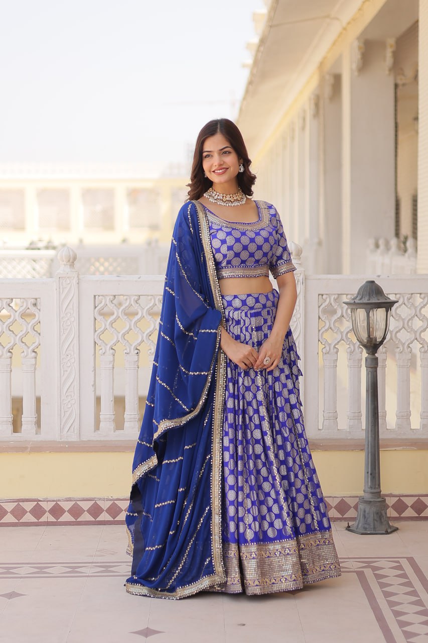 Blue Pure Viscose Jacquard with Embroidered Sequins work Lehenga Choli