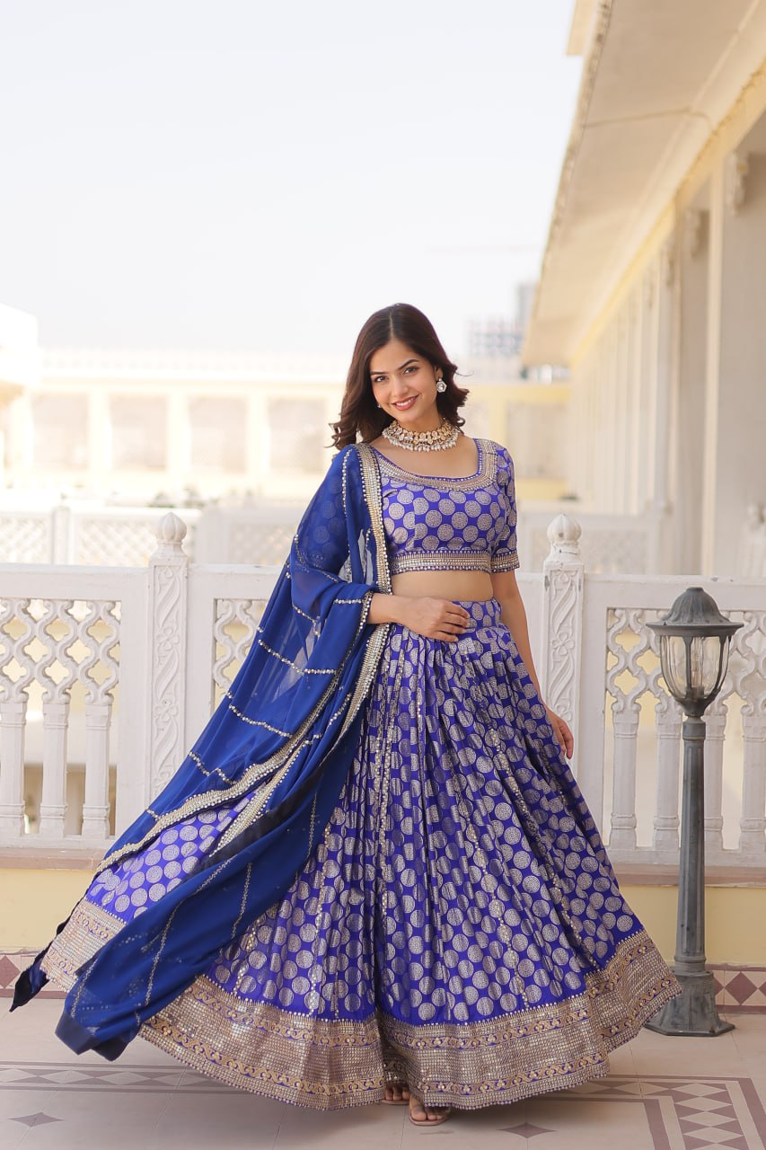 Blue Pure Viscose Jacquard with Embroidered Sequins work Lehenga Choli