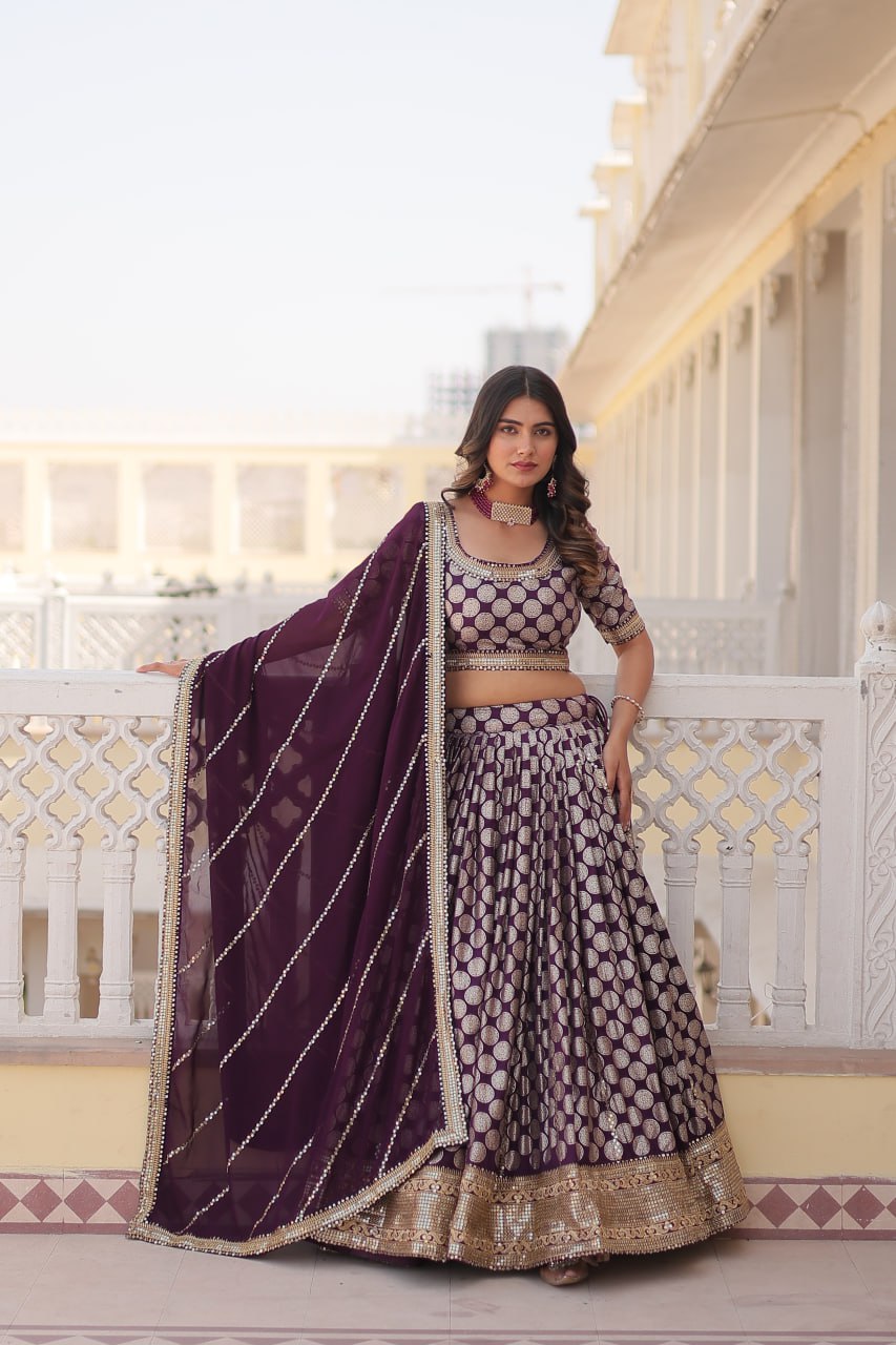 Purple Pure Viscose Jacquard with Embroidered Sequins work Lehenga Choli