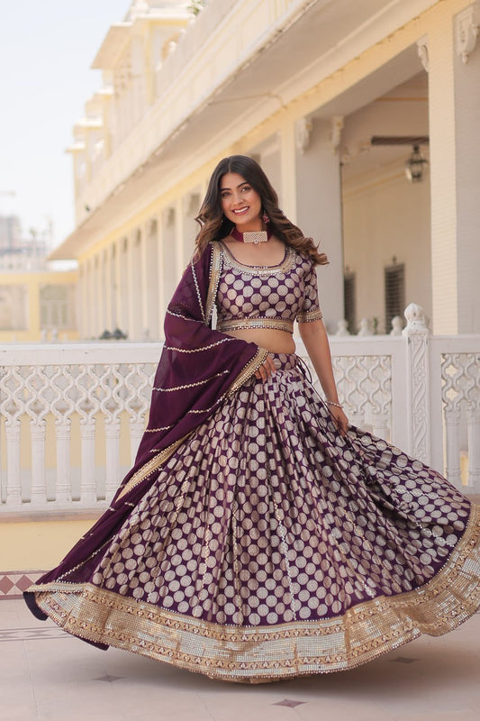 Purple Pure Viscose Jacquard with Embroidered Sequins work Lehenga Choli