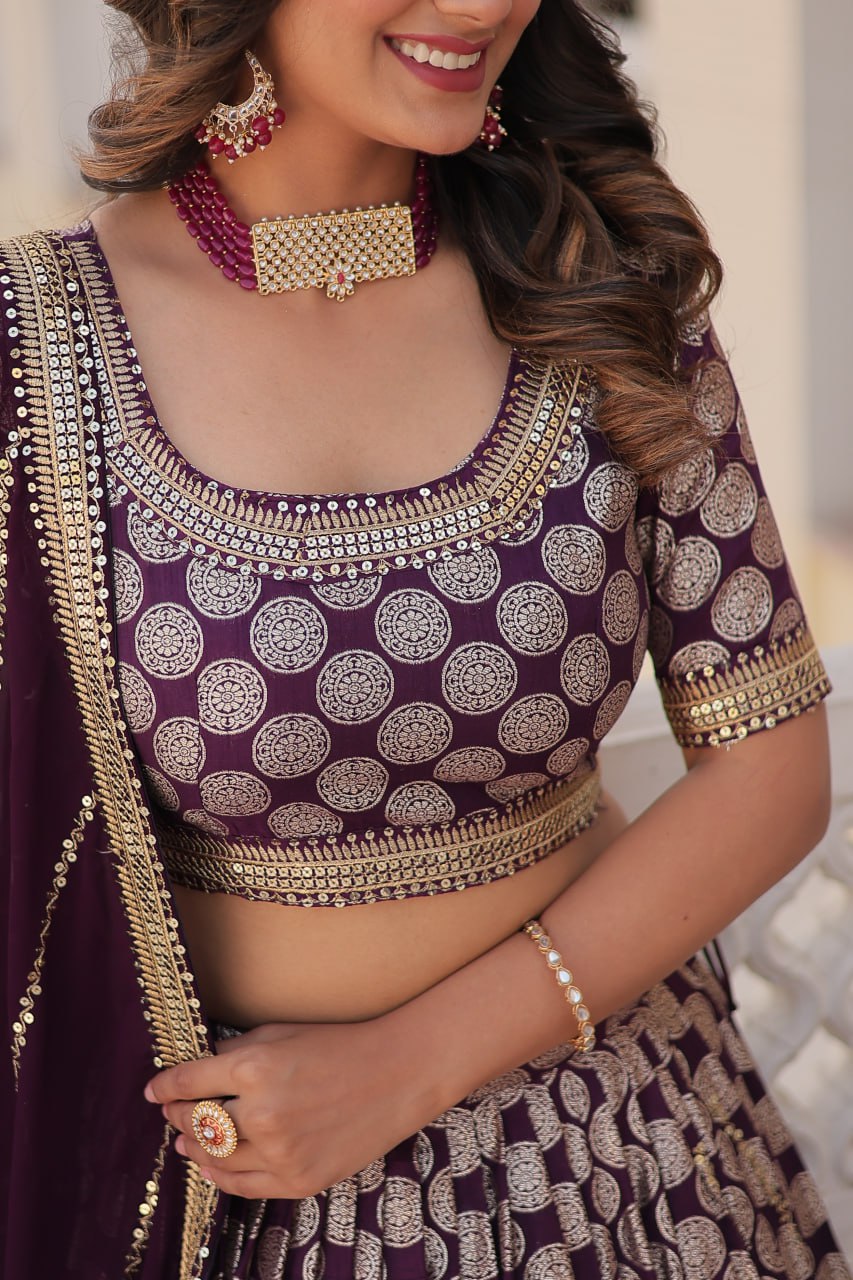 Purple Pure Viscose Jacquard with Embroidered Sequins work Lehenga Choli