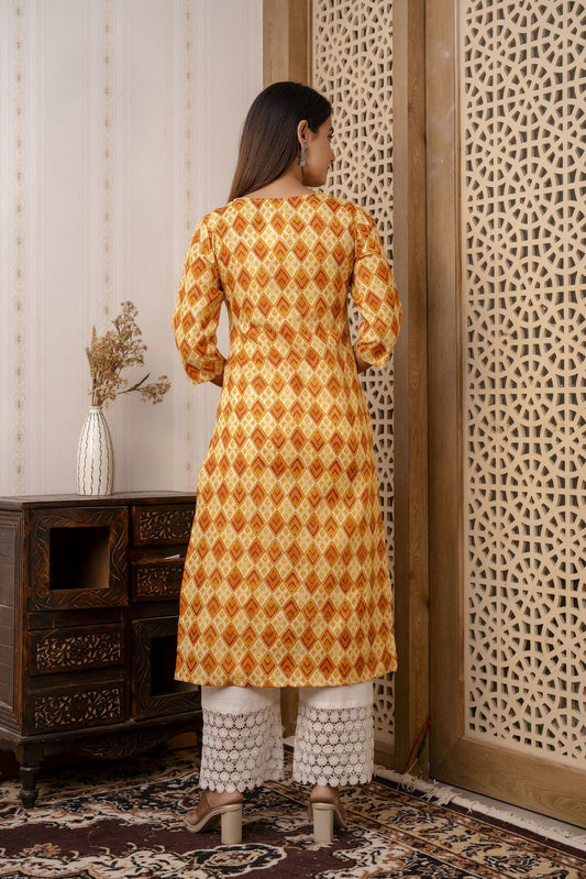 Women Yellow Printed Straight Kurta With Three Quarter Sleeves