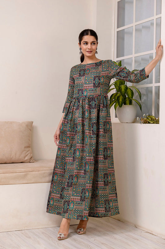 Women Green Abstract Printed Flared Dress