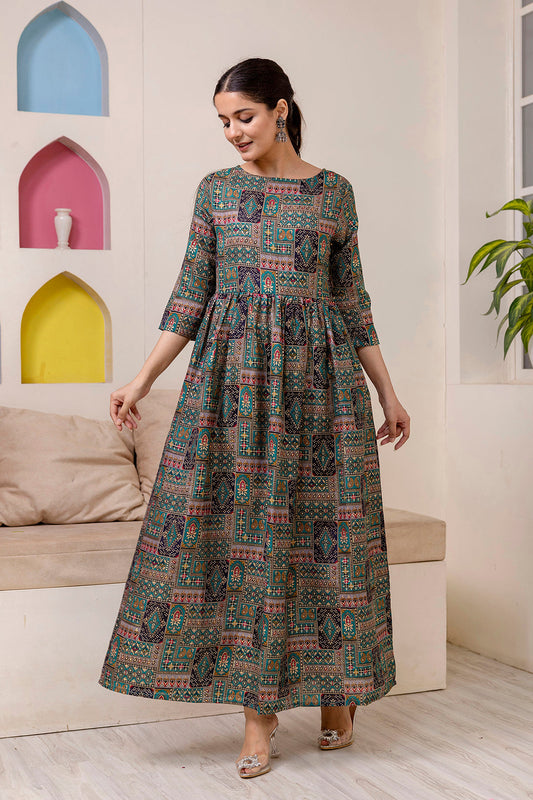 Women Green Abstract Printed Flared Dress