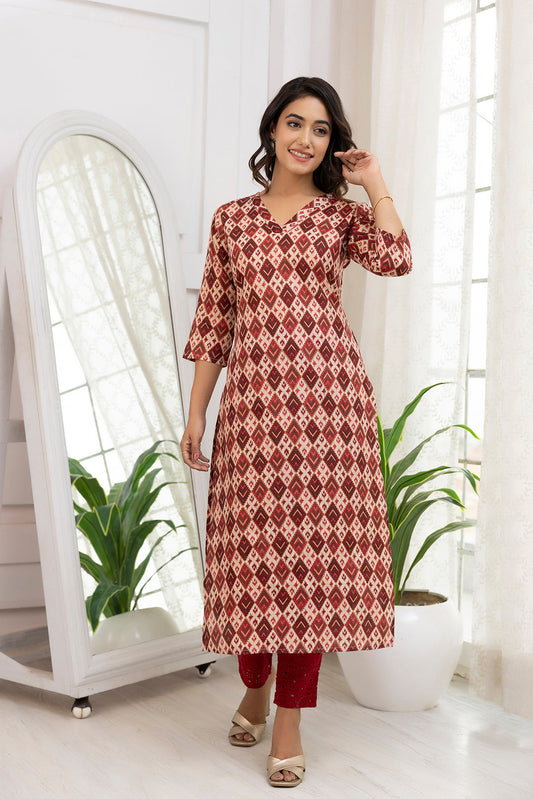 Women Maroon Printed Straight Kurta With Three Quarter Sleeves