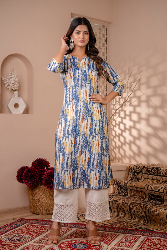 Women Blue Printed Straight Kurta With Three Quarter Sleeves