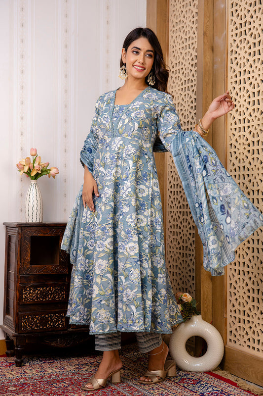 Women Grey Floral Printed Anarkali Kurta And Trouser With Dupatta