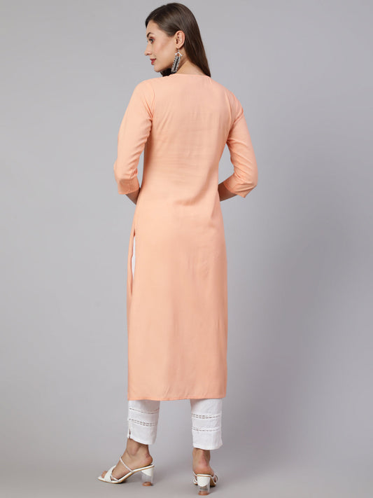 Women Peach Embroidered Straight Kurta With Three Quarter Sleeves