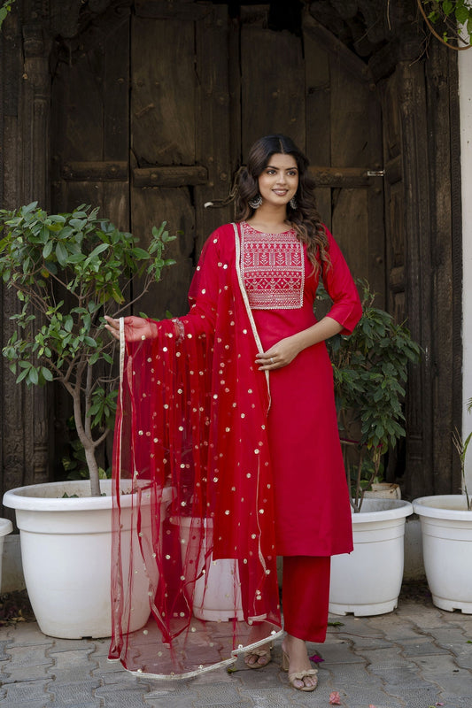 Women Red Embroidered Straight Kurta With Palazzo And Net Dupatta