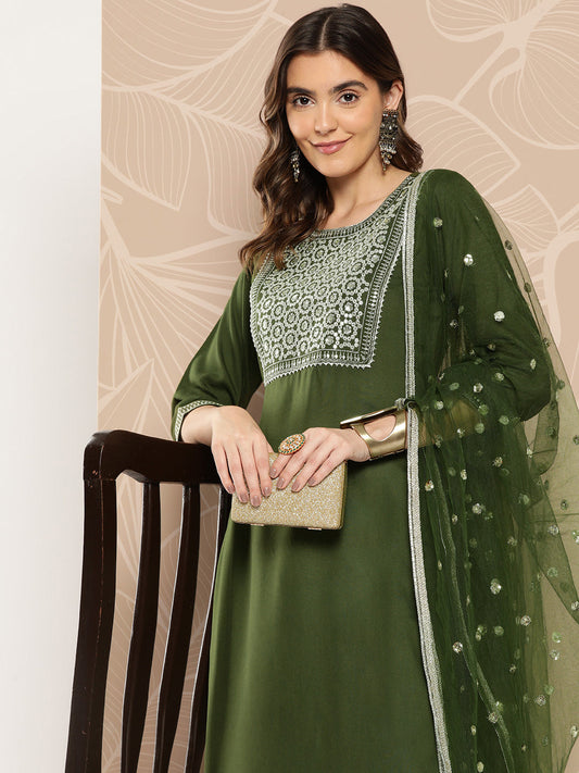 Women Green Embroidered Straight Kurta With Palazzo And Dupatta