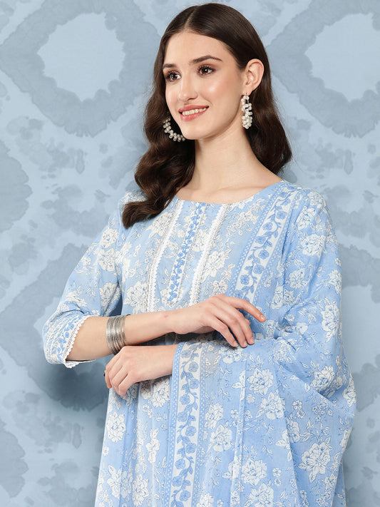 Women Blue Printed Flared Straight Kurta And Trouser With Dupatta