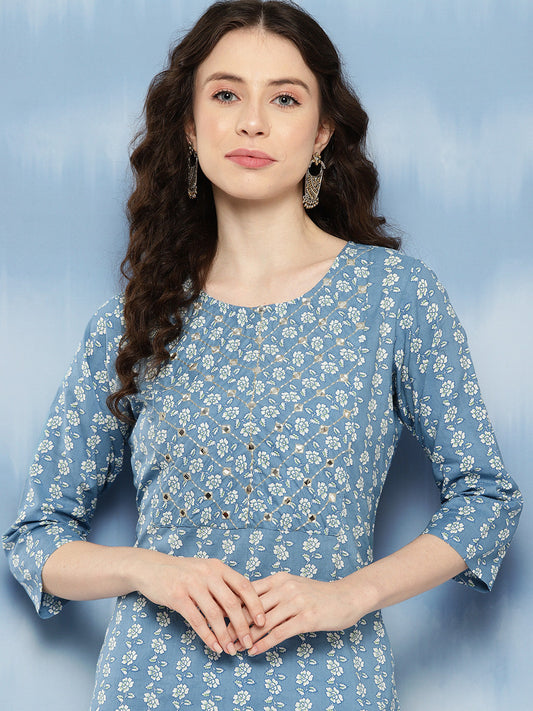 Women Blue Embroidered Yoke Design Straight Kurta