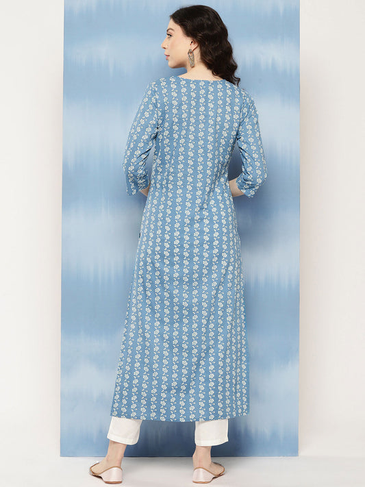 Women Blue Embroidered Yoke Design Straight Kurta