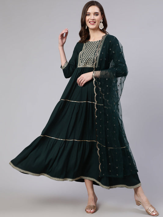 Women Green Embroidered Flared Dress With Net Dupatta