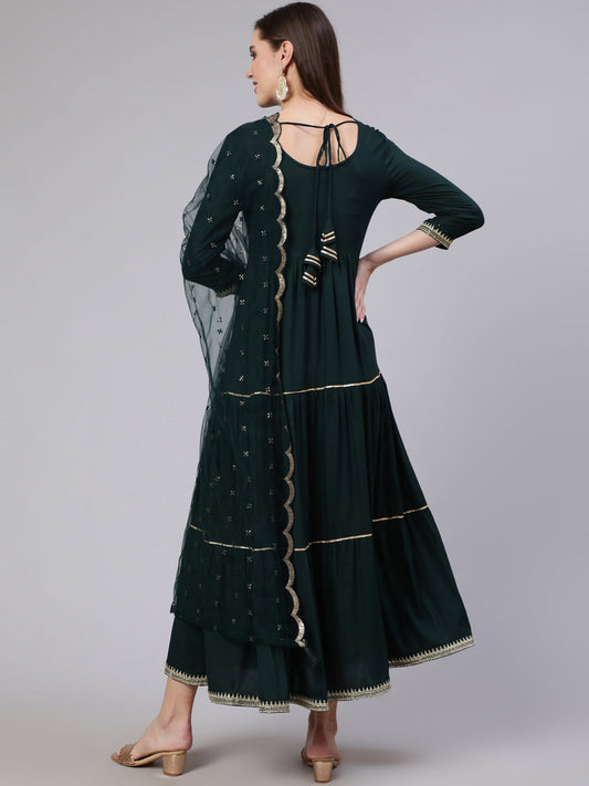 Women Green Embroidered Flared Dress With Net Dupatta