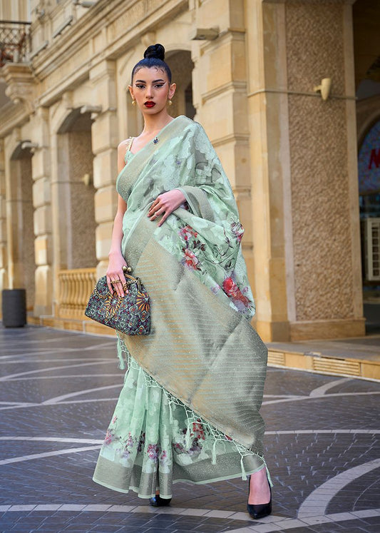 Sea green floral print saree