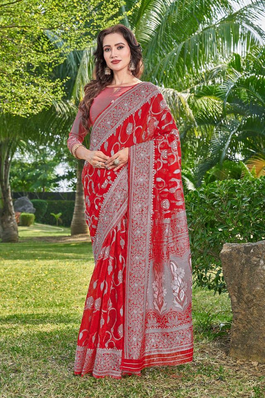 Red Color Silk Cotton Wevon Thread Designer Ethnic Casual Looks Saree