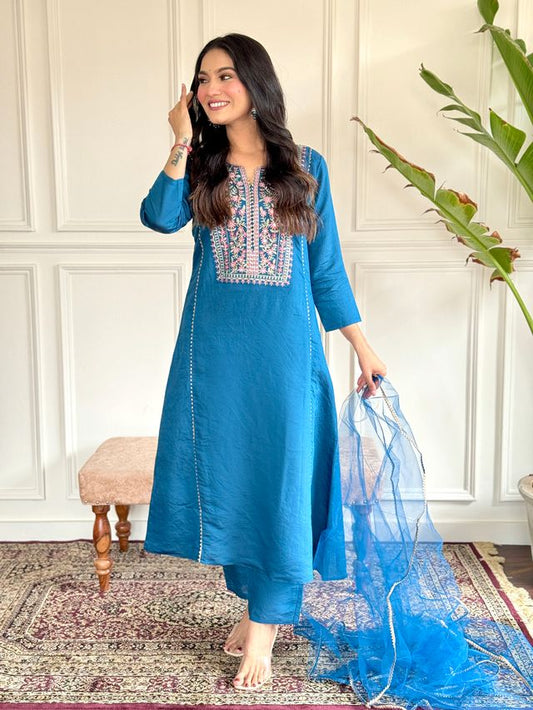 Teal Blue Viscose Chanderi Designer Embroidery Work Festive wear Salwar Suit