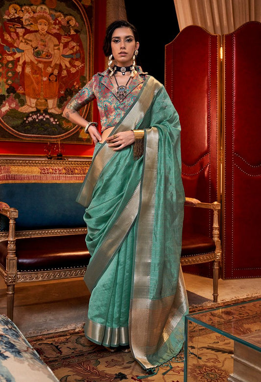 Turquoise woven ethnic sarees