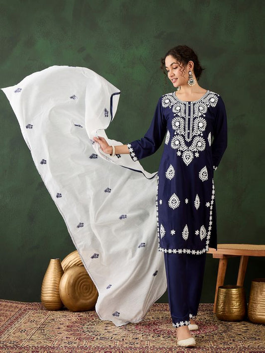 Blue Rayon Designer Chikankari Embroidery Work