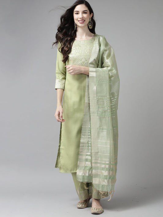 Women Solid Green Straight Kurta Palazzo With Dupatta Set