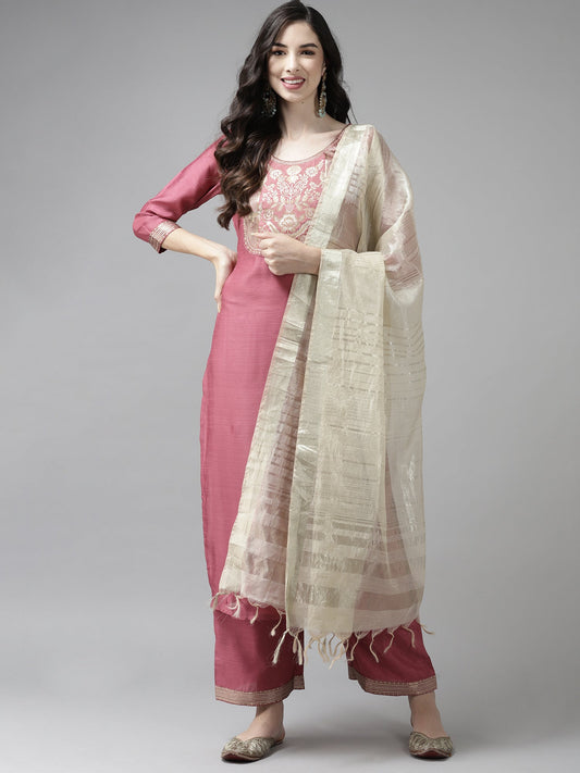 Women Solid Pink Straight Kurta Palazzo With Dupatta Set