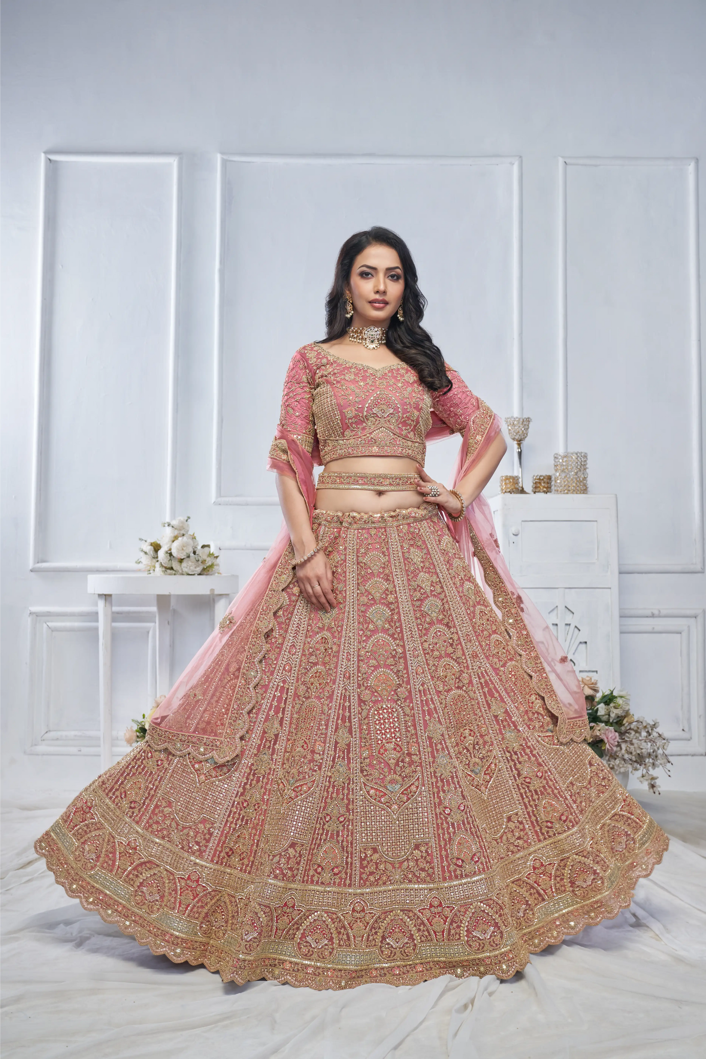 Pastel Onion Embroidered Bridal lehenga