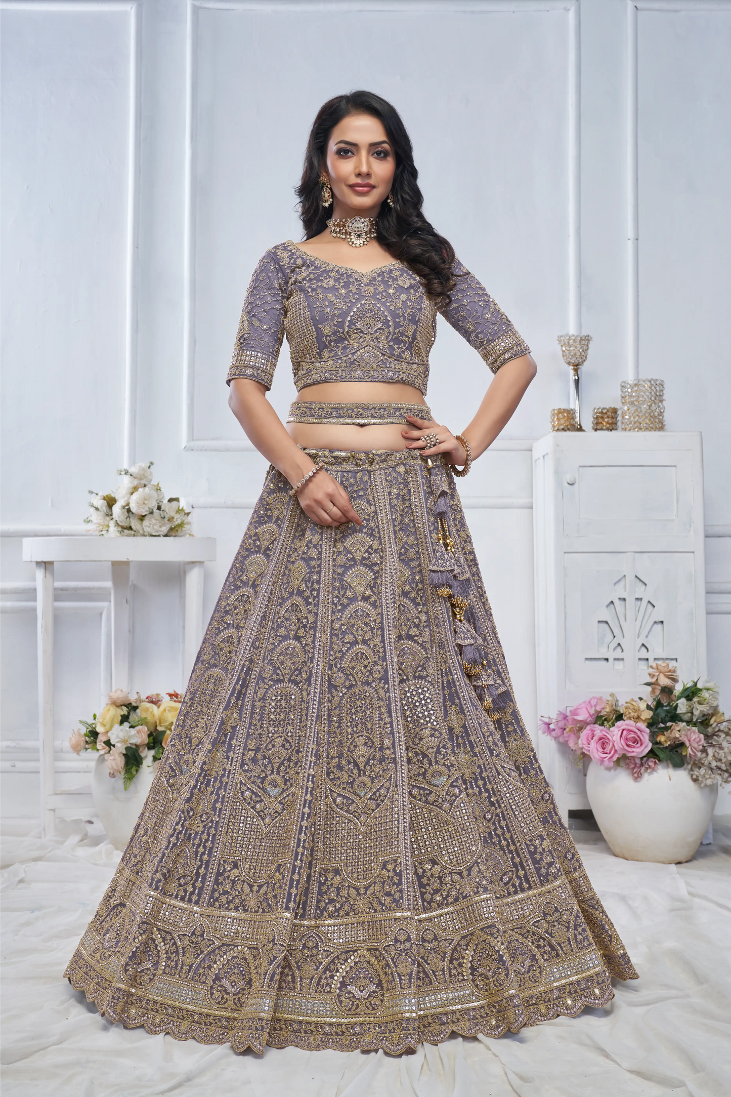 Peacock purple Embroidered Bridal lehenga