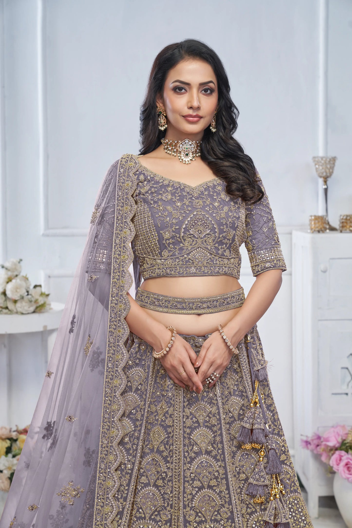 Peacock purple Embroidered Bridal lehenga