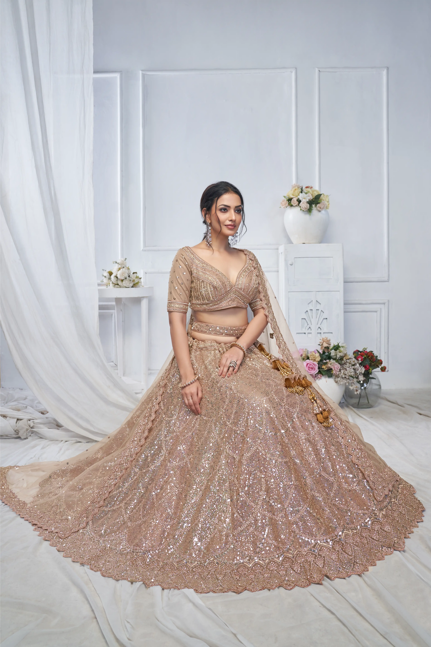 Alluring Brown Sequins Net Bridesmaid Lehenga