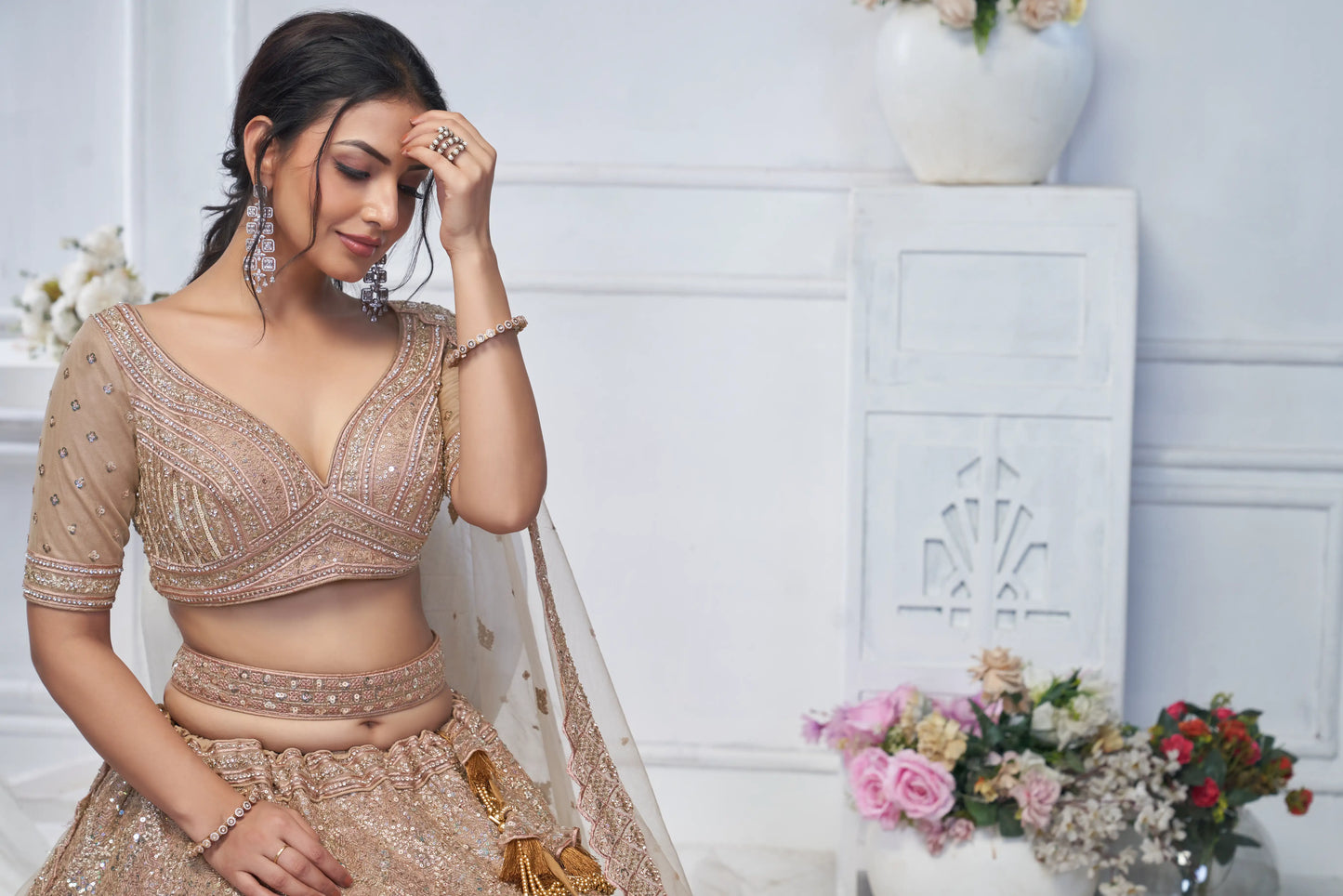 Alluring Brown Sequins Net Bridesmaid Lehenga