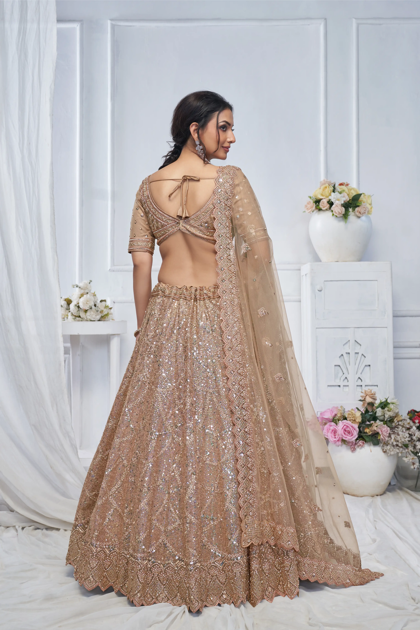 Alluring Brown Sequins Net Bridesmaid Lehenga