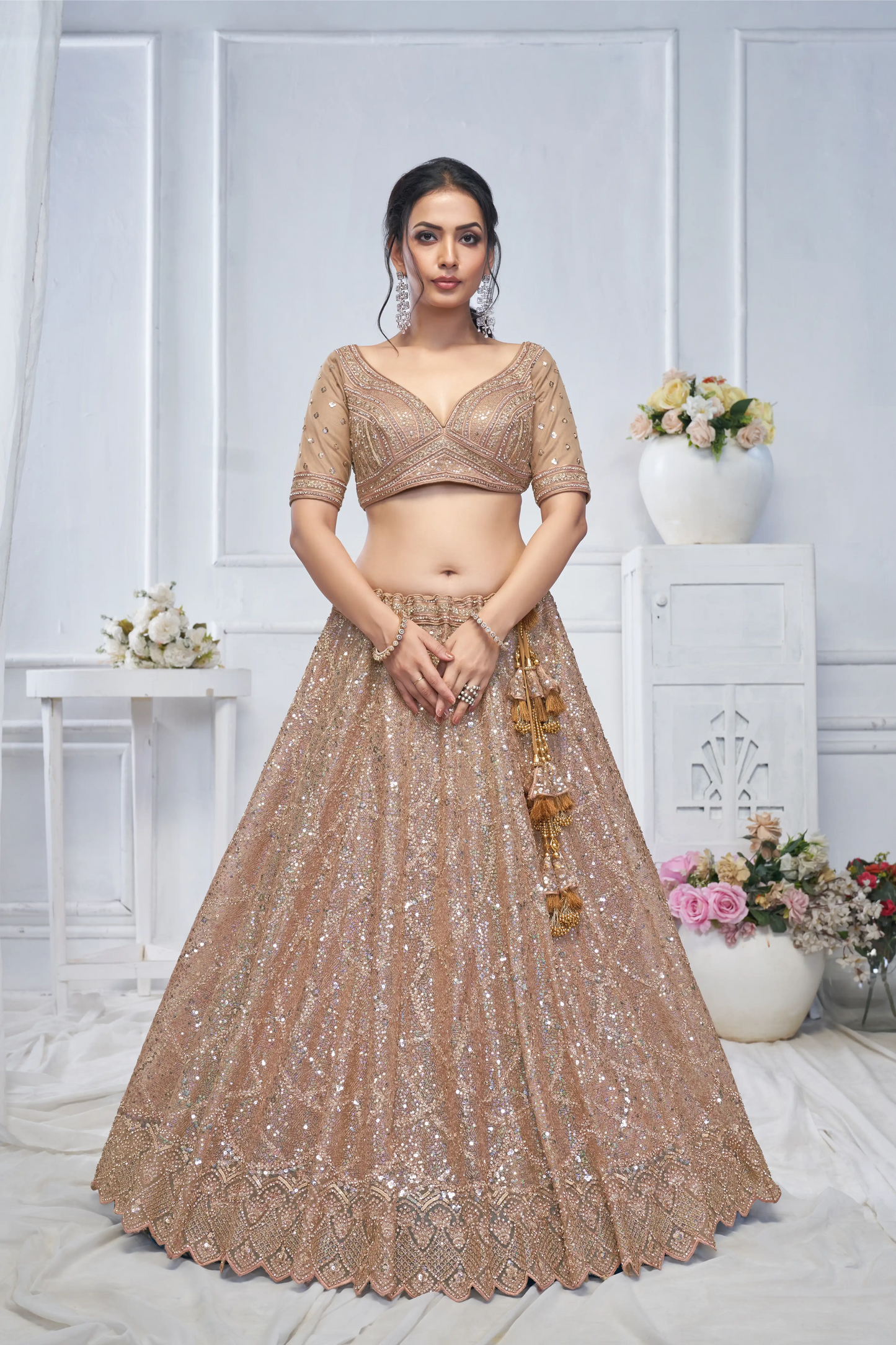 Alluring Brown Sequins Net Bridesmaid Lehenga