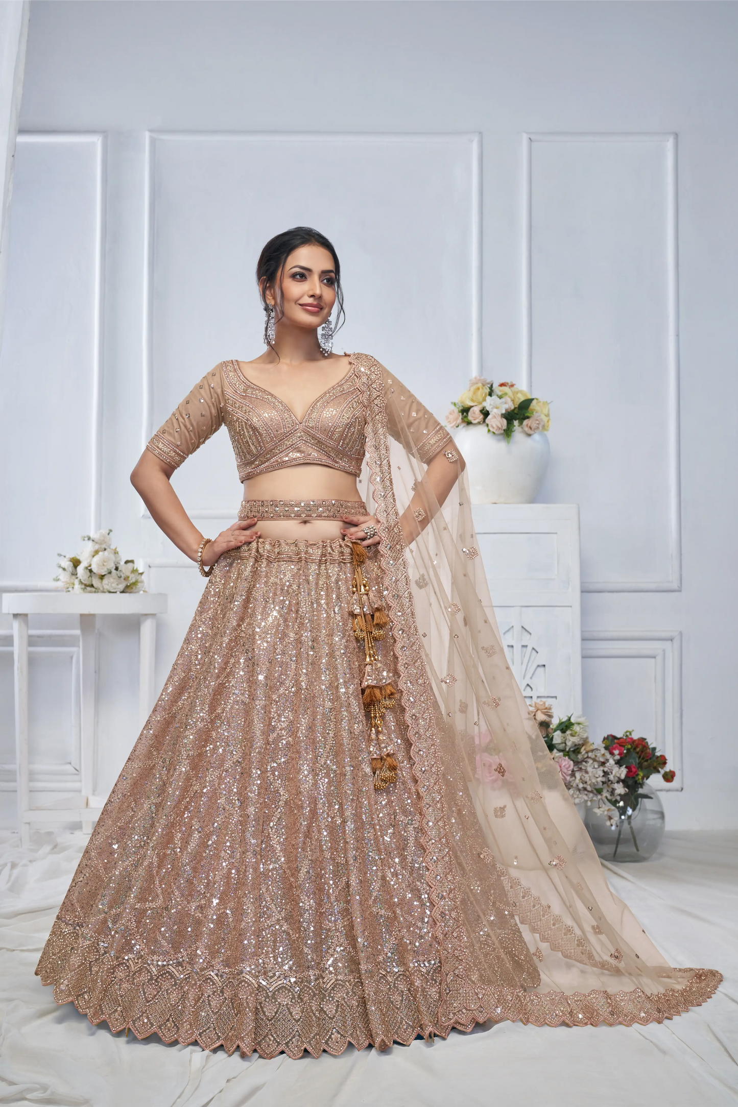 Alluring Brown Sequins Net Bridesmaid Lehenga