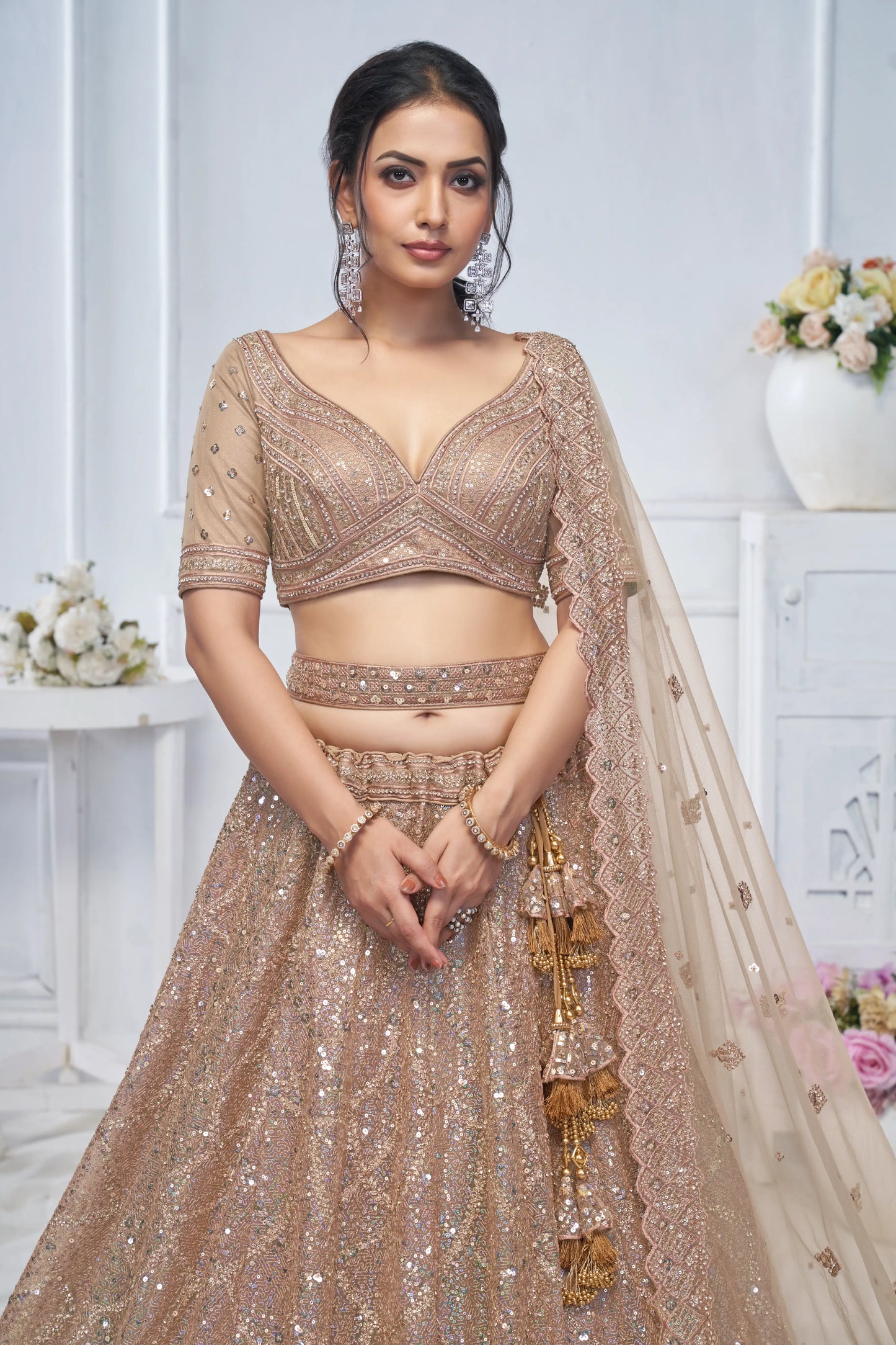 Alluring Brown Sequins Net Bridesmaid Lehenga