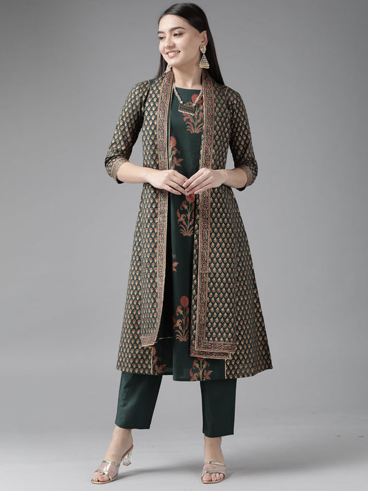 Women Bottle Green Printed Straight Kurta Trouser With Dupatta Set