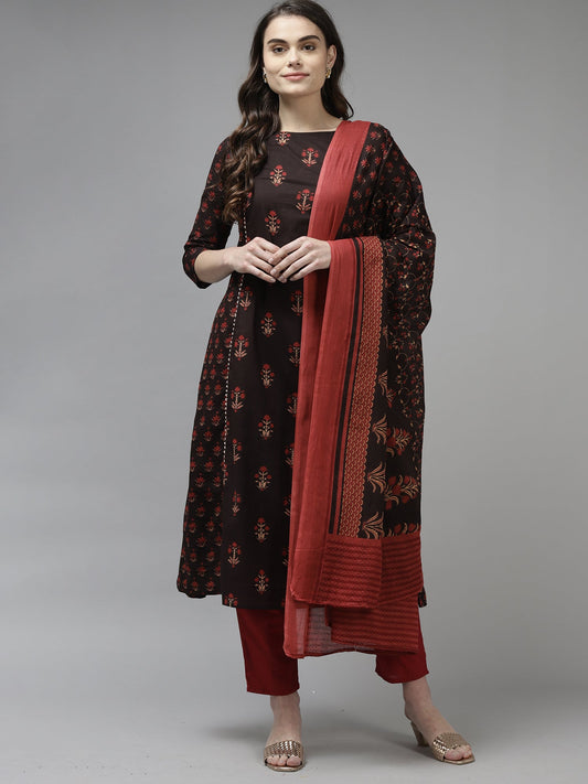 Women Black Printed A-Line Kurta Trouser With Dupatta Set