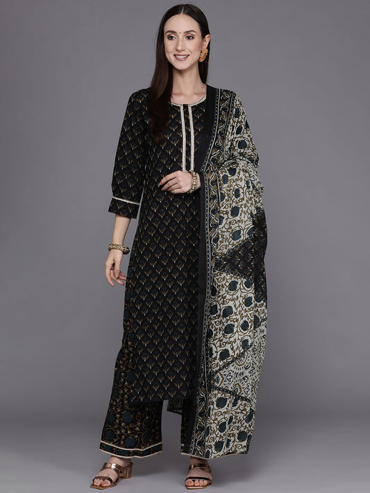 Women Black Printed Straight Kurta Palazzos With Dupatta Set