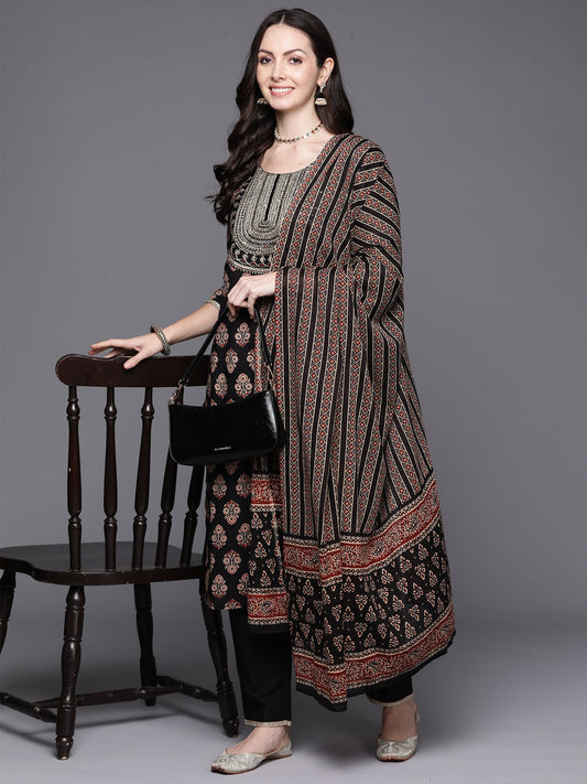 Women Black Embroidered Straight Kurta Trousers With Dupatta Set