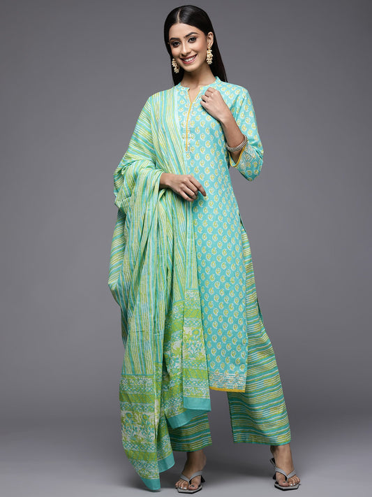 Women Blue Printed Straight Kurta Palazzos With Dupatta Set