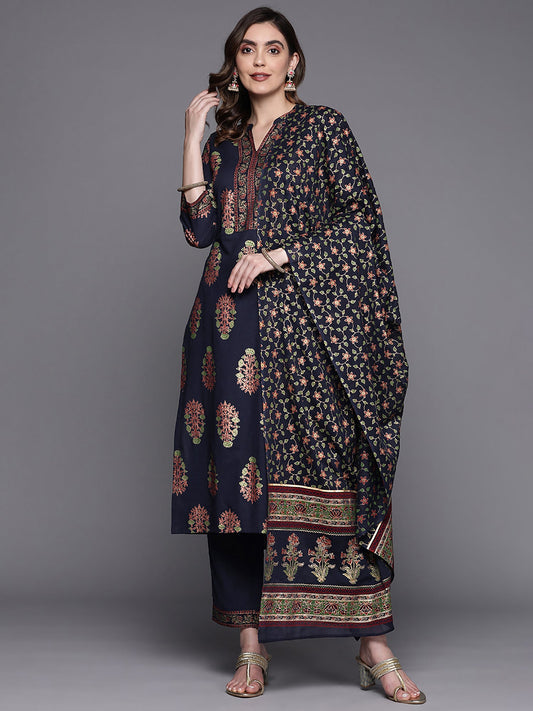 Women Blue Printed Straight Kurta Trousers With Dupatta Set