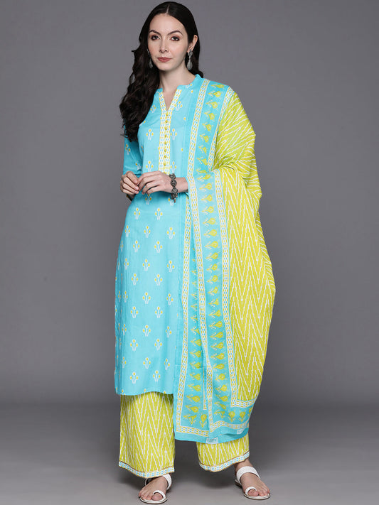 Women Blue Printed Straight Kurta Palazzos With Dupatta Set