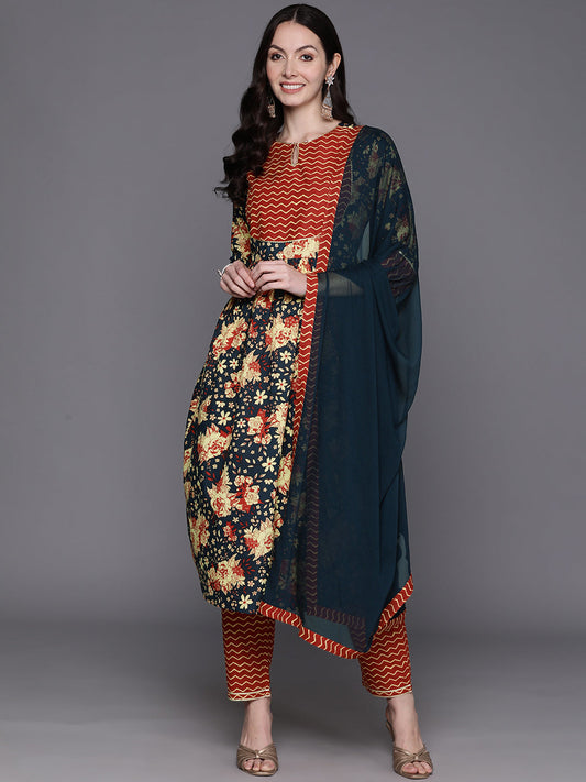 Women Blue Printed A-Line Kurta Trousers With Dupatta Set