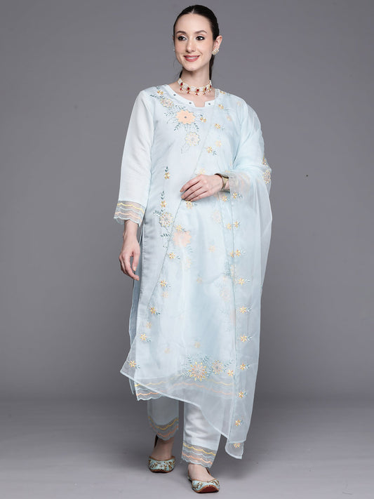 Women Blue Embroidered Ethnic Straight Kurta Trousers With Dupatta Set