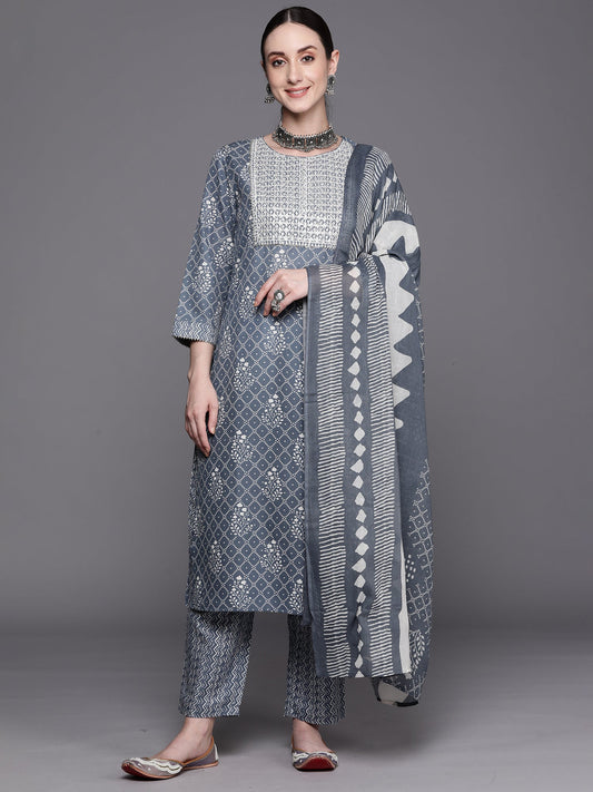 Women Blue Printed Straight Kurta Trousers With Dupatta Set