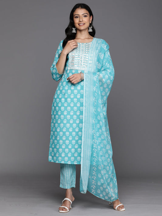 Women Blue Printed Straight Kurta Trousers With Dupatta Set