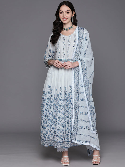 Women Blue Printed A-Line Kurta Trousers With Dupatta Set